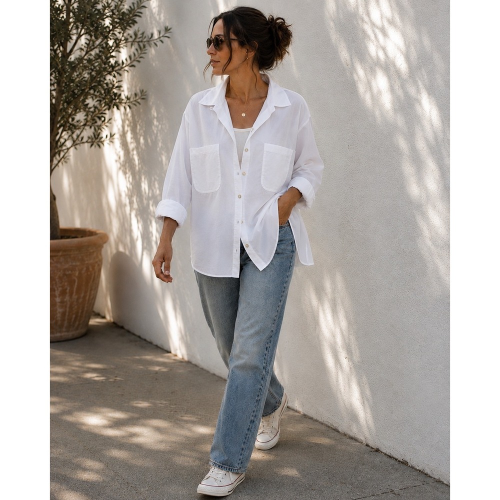 Rare Vtg Sundance 50s Style LOOP COLLAR White Cotton Button Up Oversized Shirt M
